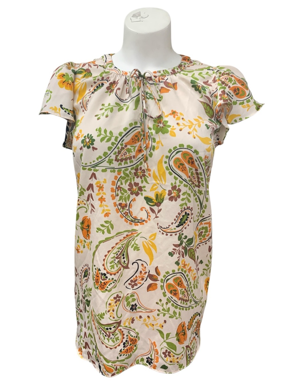 Black Tape Paisley Tie-Neck Short Sleeve Tunic in Cream and Green Size L